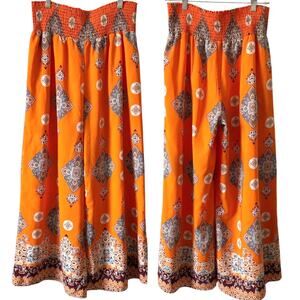 SIENNA SKY Bright Orange Bohemian Printed Wide Leg Flowy Pants Size XL Lined